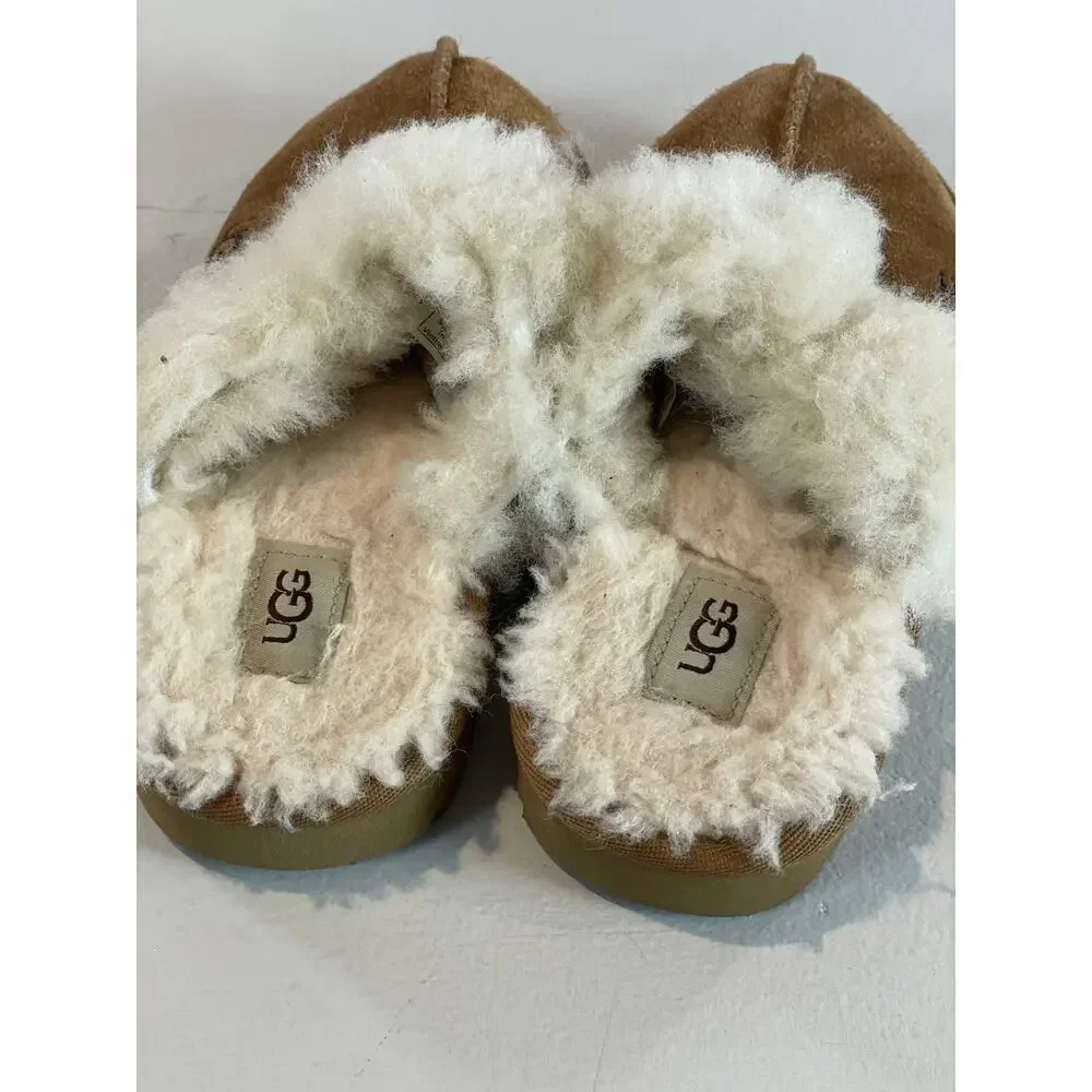 UGG Youth Slippers Suede Shearling Lined Platform Sole Size 13 Tan